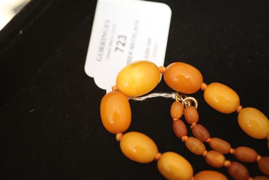 A single strand graduated oval amber bead necklace, 30in.